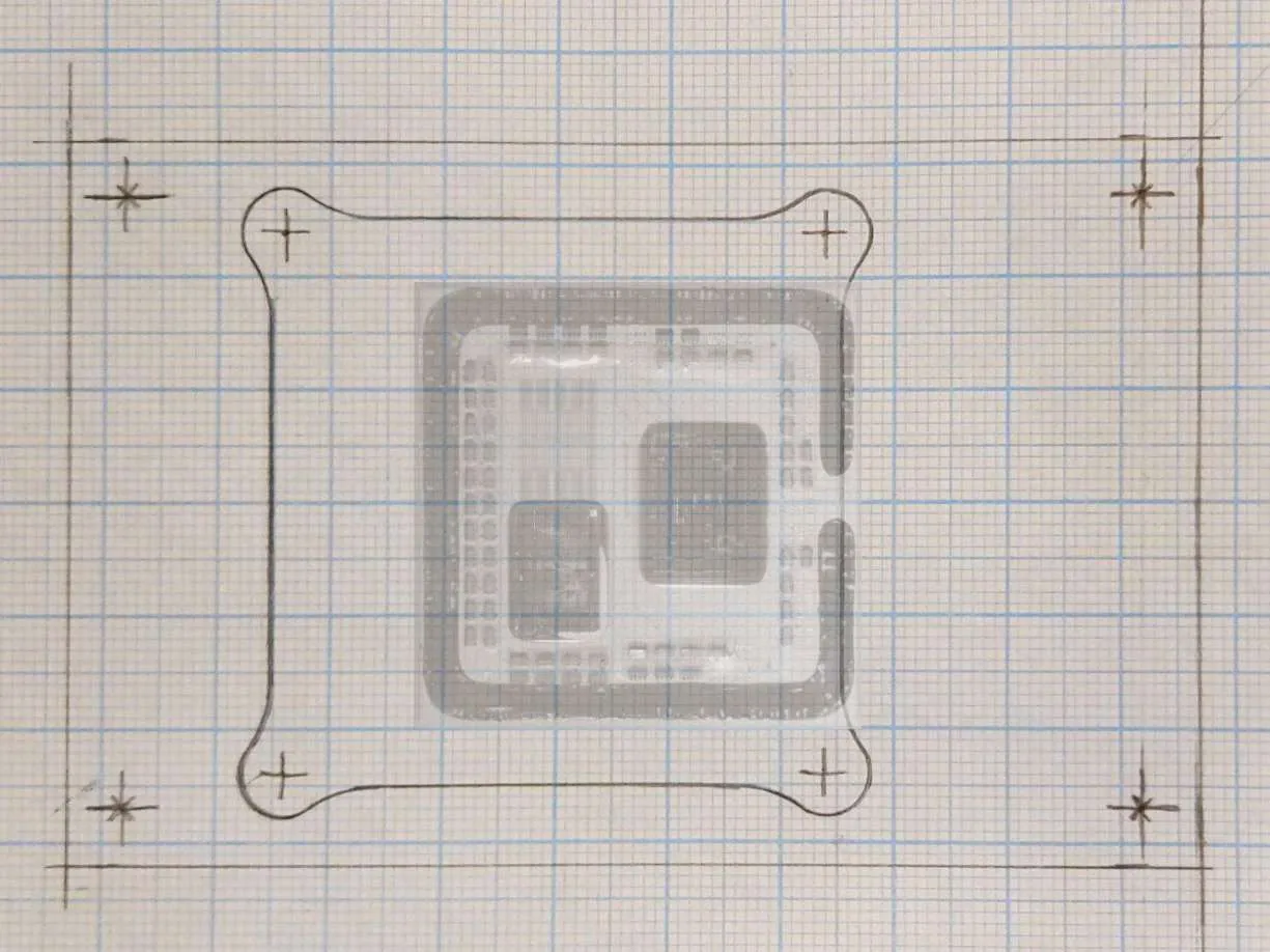 CPU die image superimposed over bracket template