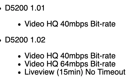 Example: D5200 firmware/features