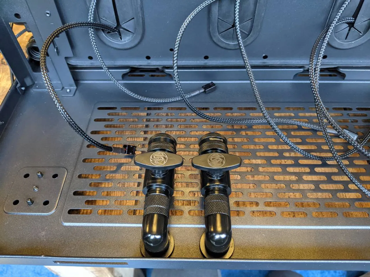 Barrow fittings for CPU and GPU loop drains with stop-valves