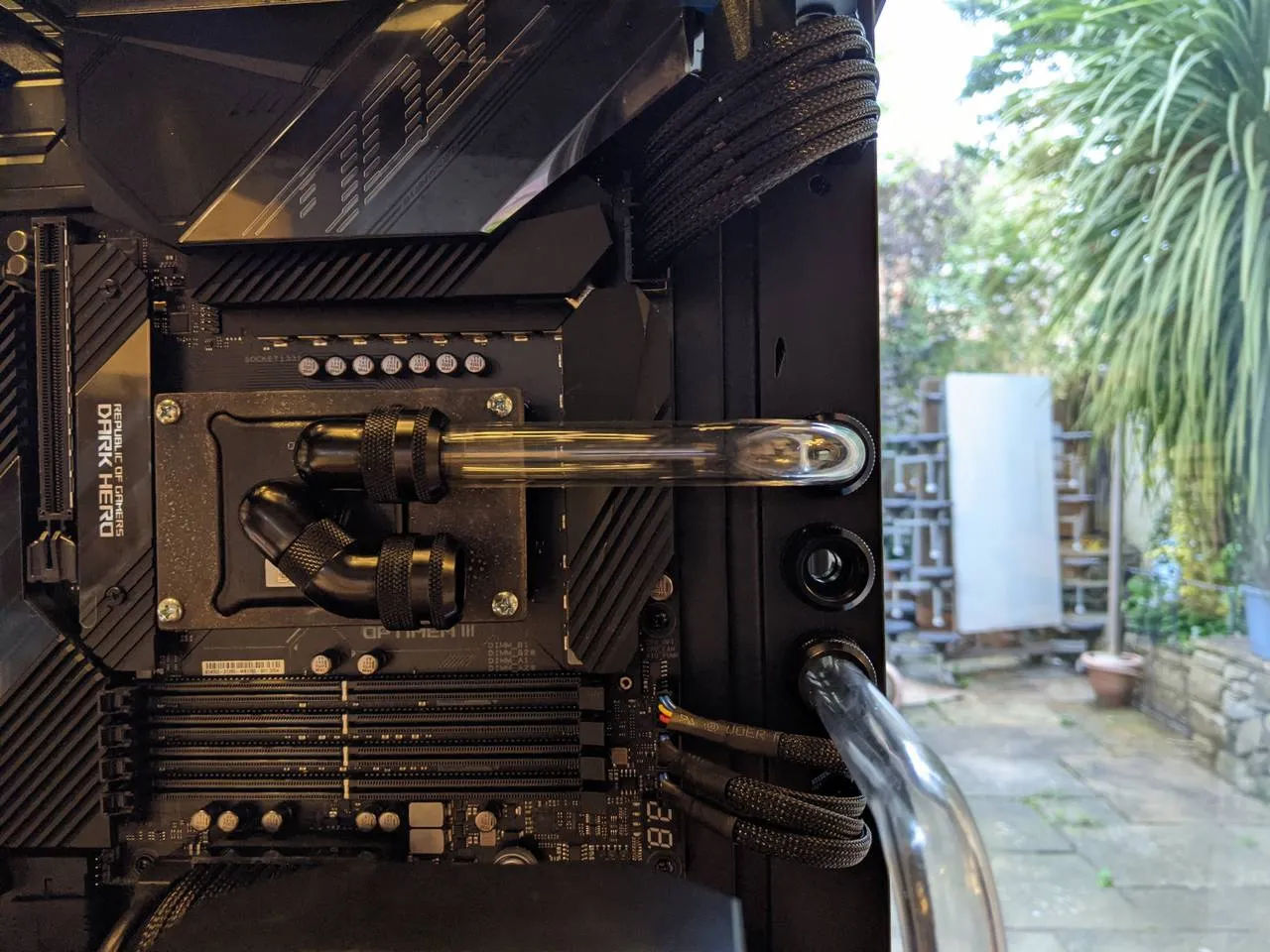 CPU block outlet tubing, front view