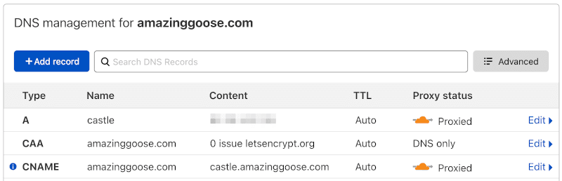 Cloudflare DNS Management via Web UI (A record IP obscured)